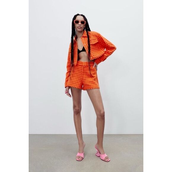 Zara Blogger’s Favorite Orange Textured Collared Frayed Hem Short Jacket, Large - Picture 3 of 16